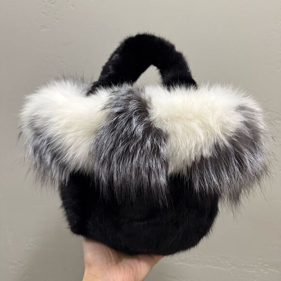 Black & White, Real Mink Fur with Fox Fur Trimming Top Handle & Multi Use Purse - Picture 10 of 16